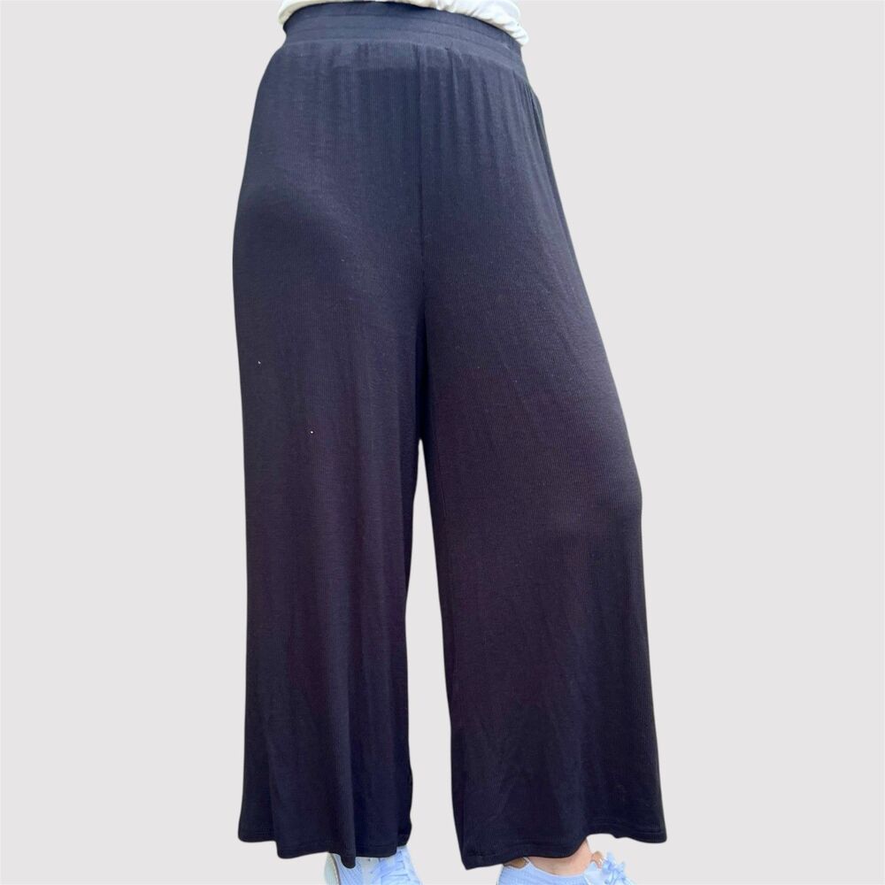 theo & spence womens XS black wide leg cropped pants rayon ribbed knit pull on